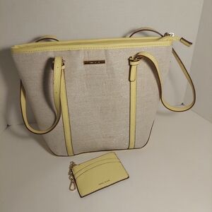 Ann Klein Beige & Yellow Tote Bag Purse Shoulder Bag Metallic Canvas w Wallet